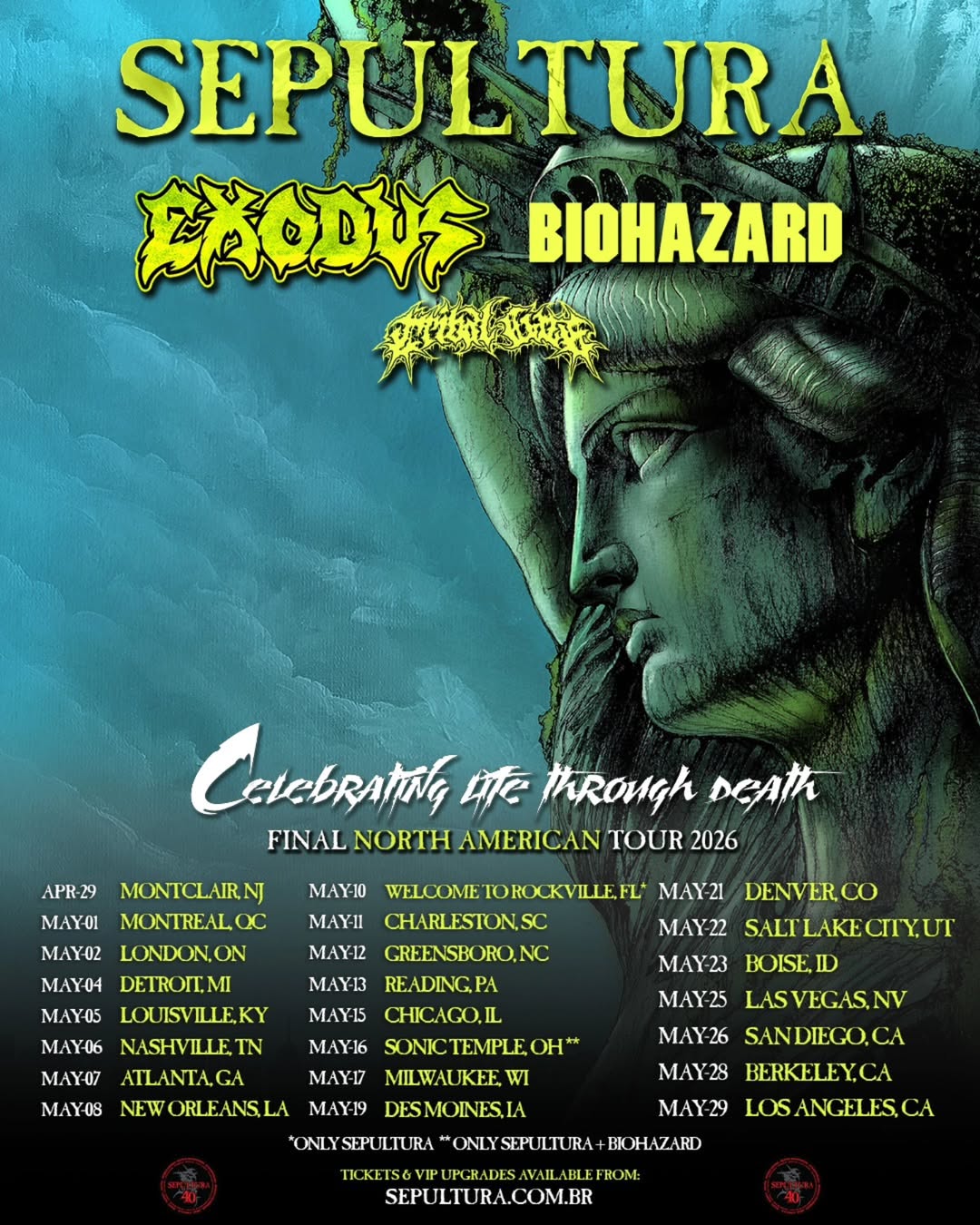 Sepultura Celebrating Life Through Death Tour Poster 2026